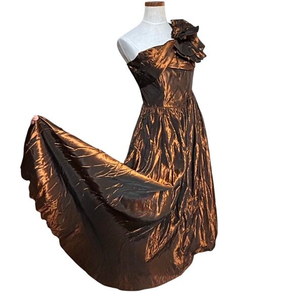 Vtg 50s Fred Perlberg Dance Originals XS/S Copper Taffeta One Shoulder Gown - Picture 1 of 16